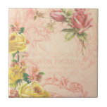 Chic Vintage Floral Tile<br><div class="desc">Romantic and nostalgic design featuring text from French advert,  heirloom roses in yellow and pink,  and engraved flourishes on a softly aged pink trellis background.</div>