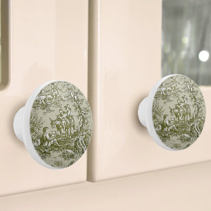 Chic vintage green grey toile de jouy printed ceramic knob