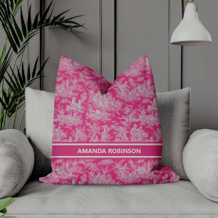 Chic vintage hot pink toile de jouy printed  cushion