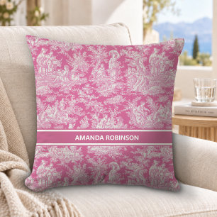 Chic vintage hot pink toile de jouy printed cushion