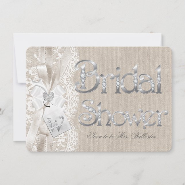 Chic Vintage Lace Silver Burlap Bridal Shower Invitation (Front)