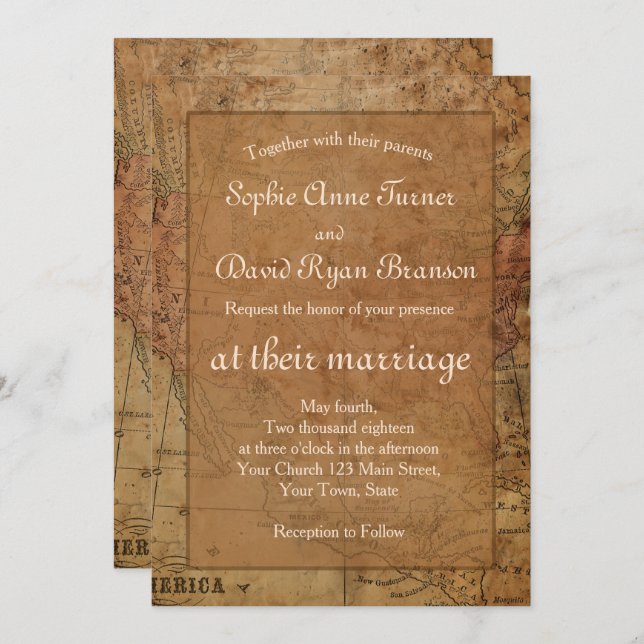 Chic Vintage Map Destination Wedding Invitation (Front/Back)