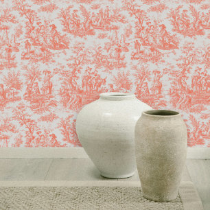 Chic vintage orange toile de jouy printed wallpaper