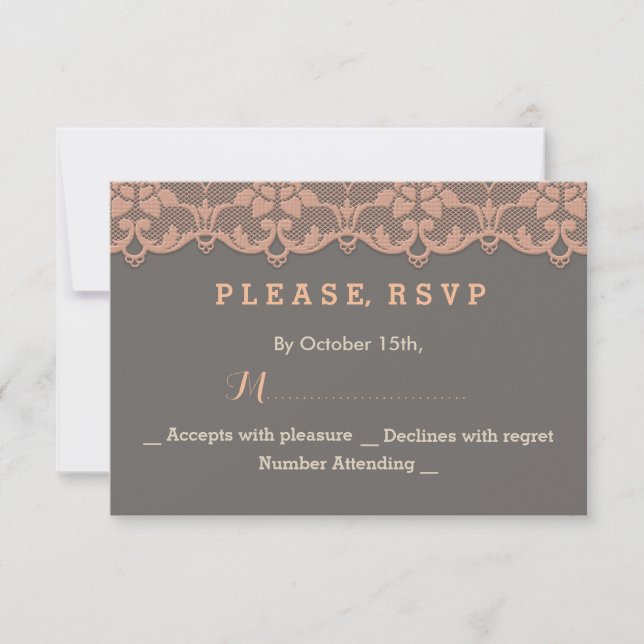 Chic Vintage Peach Grey Lace Wedding RSVP (Front)