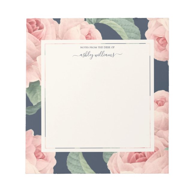 Chic Vintage Pink Rose Dark Blue Personalized Notepad (Front)