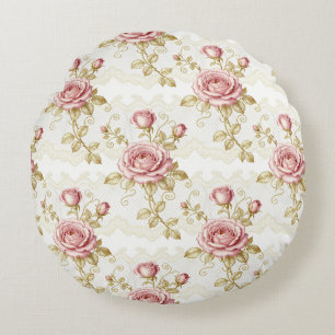 Chic Vintage Pink Rose Shabby Cottage Core Round Cushion