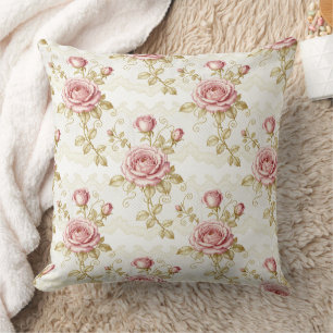 Chic Vintage Pink Rose Shabby CottageCore Cushion