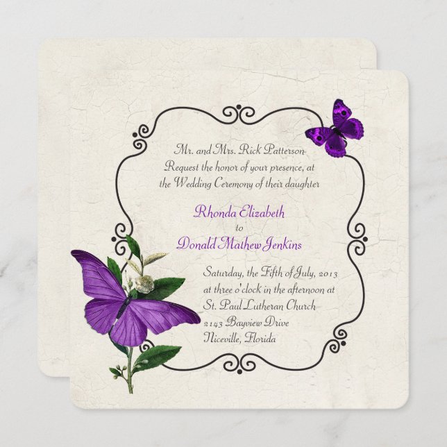Chic Vintage Purple Butterflies Wedding Invitation (Front/Back)