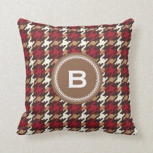 Chic vintage red brown houndstooth plaid monogram cushion
