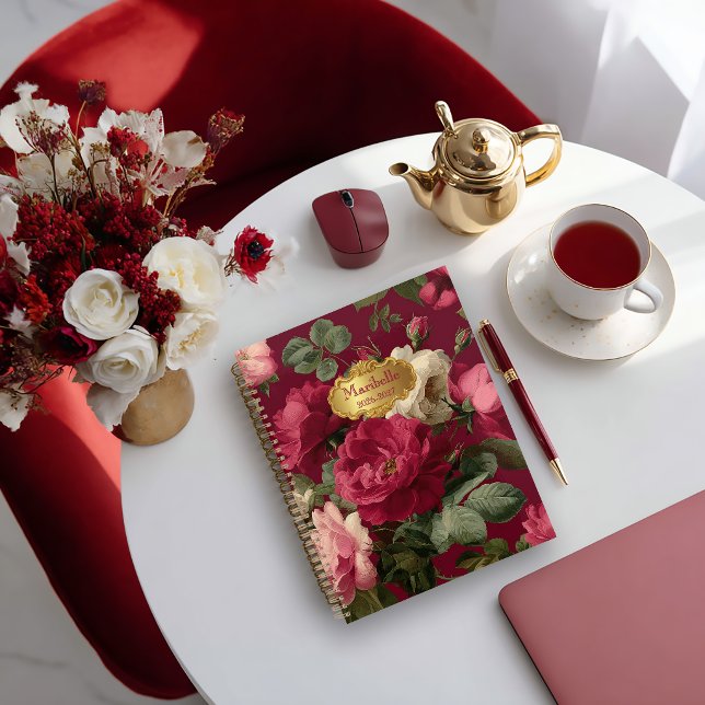 Chic Vintage Rose Red Floral  Monogrammed  Notebook (Romantic Vintage Monogrammed Rose Red Personal Journal )