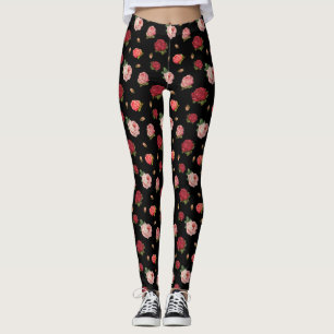 Chic Vintage Roses Cute Black Floral Retro Pattern Leggings
