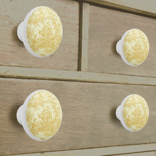 Chic vintage yellow toile de jouy printed ceramic knob