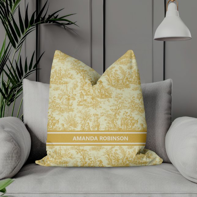 Chic vintage yellow toile de jouy printed cushion (Creator Uploaded)