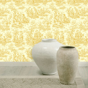 Chic vintage yellow toile de jouy printed wallpaper