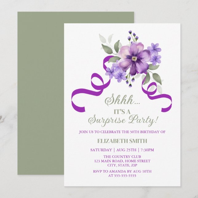 Chic Violet Floral Botanical Surprise Birthday Invitation (Front/Back)