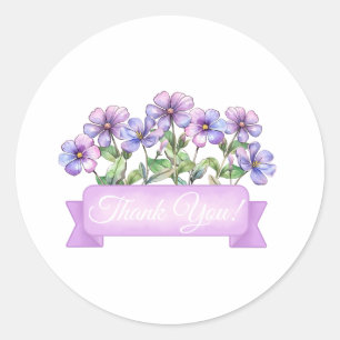 Chic Violet Flowers with Banner Floral Thank You Classic Round Sticker