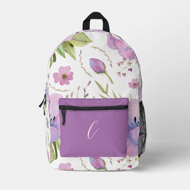 CHIC VIOLET PURPLE FLORAL PATTERN CUSTOM NAME PRINTED BACKPACK (Front)