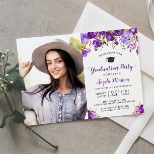 Chic Violet Purple Floral Photo Graduation Party Invitation