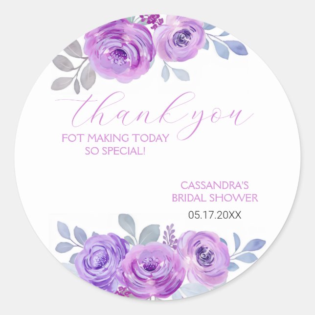 Chic Violet Rose Greenery Floral Bridal Shower  Classic Round Sticker (Front)