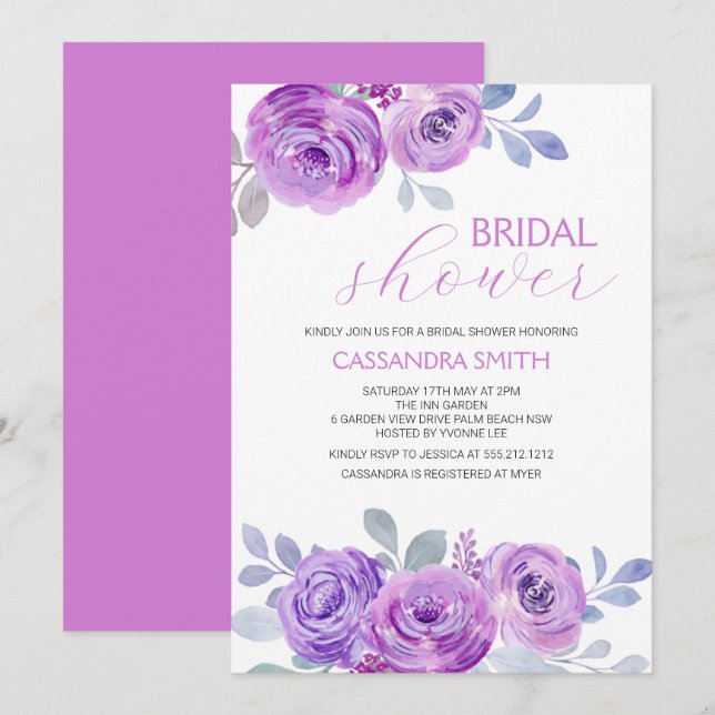 Chic Violet Rose Greenery Floral Bridal Shower  Invitation (Front/Back)