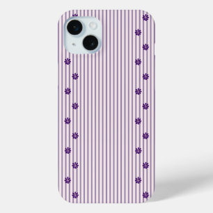 Chic Violet Stripes and Purple Flower Rows iPhone 15 Mini Case