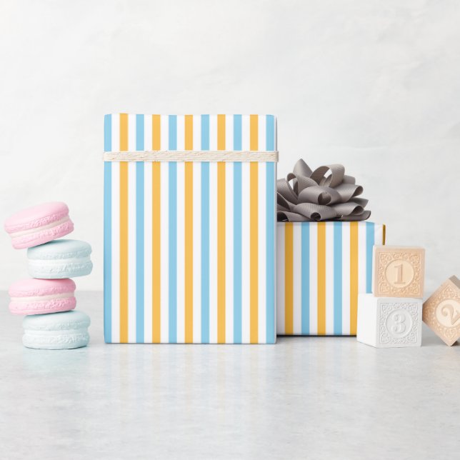 Chic Warm Yellow and Sky Blue Stripes Wrapping Paper (Baby Shower)