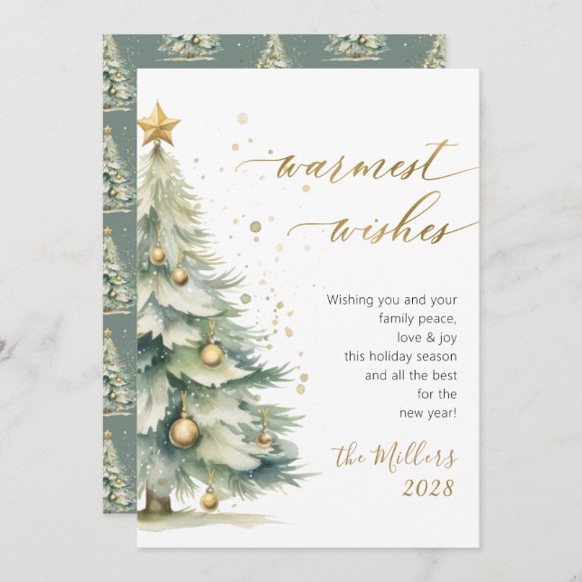 Chic Warmest Wishes Gold Script Christmas Tree Holiday Card (Front/Back)