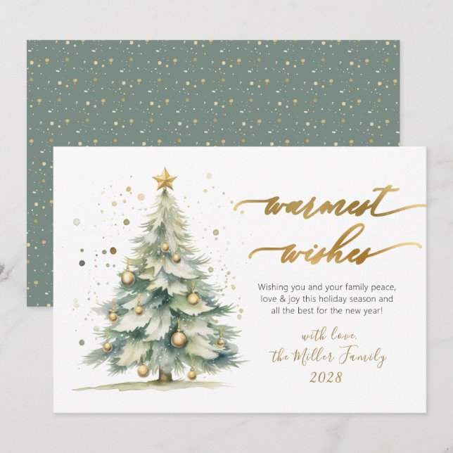 Chic Warmest Wishes Gold Script Christmas Tree Holiday Card (Front/Back)