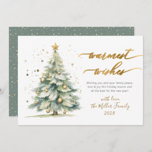 Chic Warmest Wishes Gold Script Christmas Tree Holiday Card