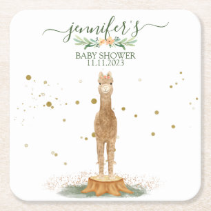 Chic Watercolor Alpaca Baby Shower Square Paper Coaster