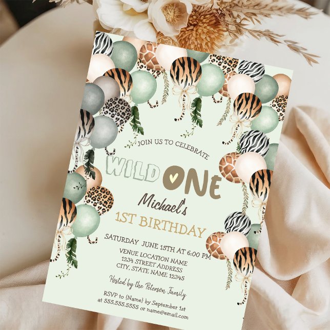 Chic Watercolor Animal Print Balloons 1st   Invitation (Creator Uploaded)