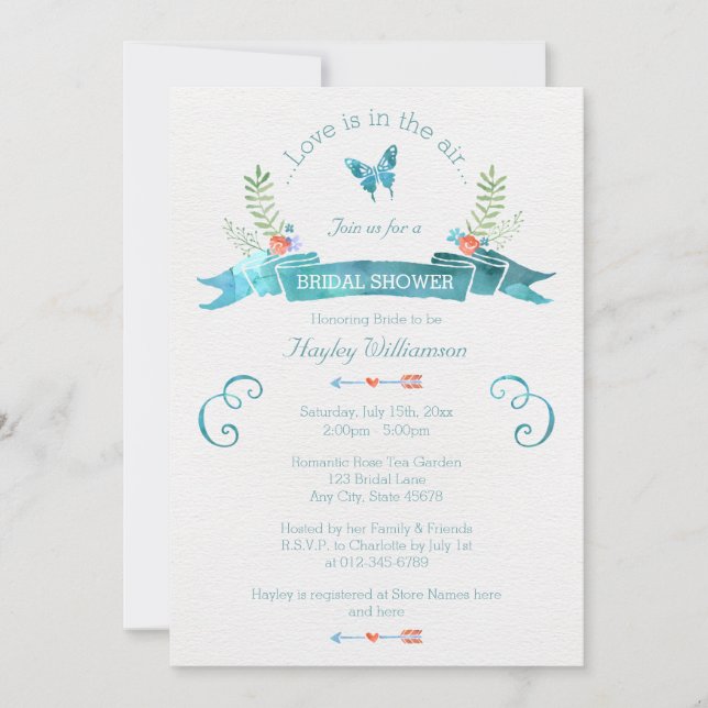 Chic Watercolor Banner Butterfly Bridal Shower Invitation (Front)
