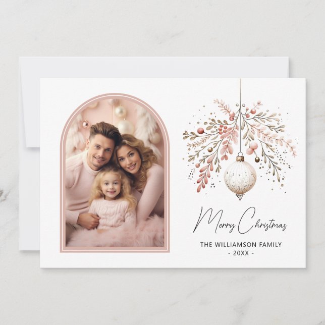 Chic Watercolor Bauble & Family Photo Christmas  Holiday Card (Front)