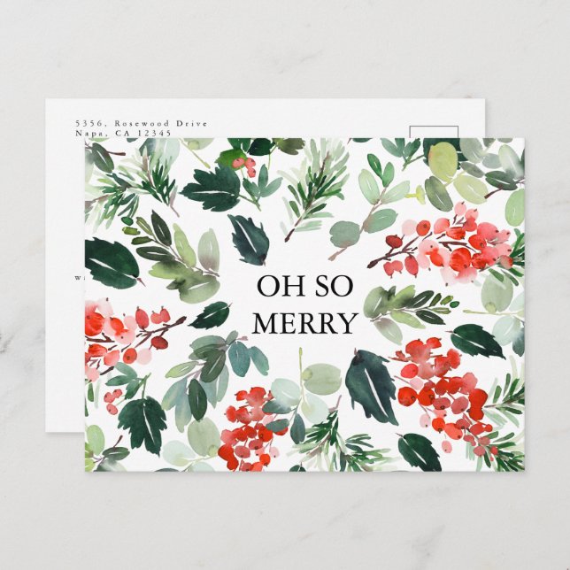 Chic Watercolor Berries and Greenery Oh So Merry Postcard (Front/Back)