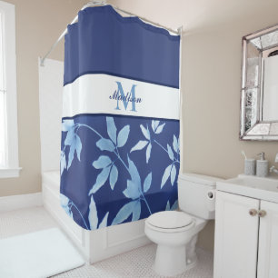 Chic Watercolor Blue Floral Monogram Shower Curtain