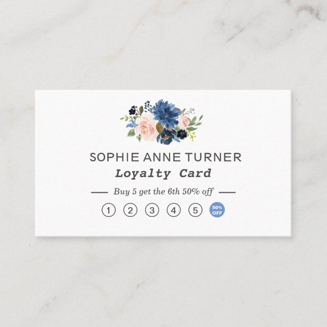 Chic Watercolor Blue Flowers Professional Business Loyalty Card (Front)