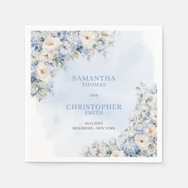 Chic watercolor blue hydrangea white flowers napkin (Front)