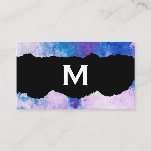 Chic Watercolor blue purple ripped with Monogram Business Card (Front)