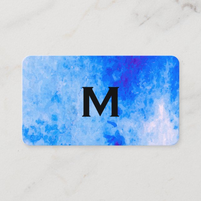Chic Watercolor blue with Monogram Business Card (Front)
