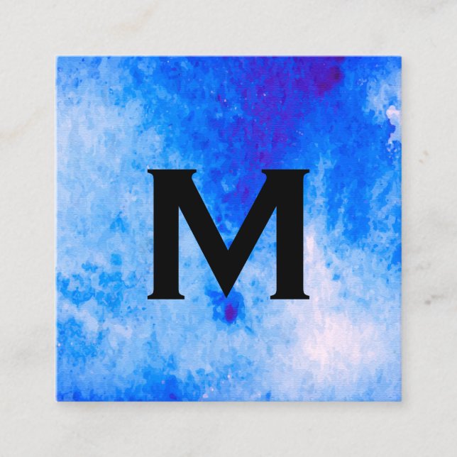 Chic Watercolor blue with Monogram Square Business Card (Front)