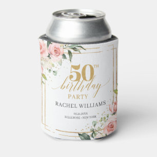 Chic watercolor blush flowers eucalyptus gold 50th can cooler