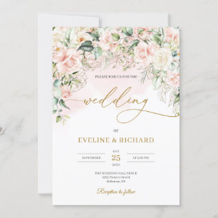 Chic watercolor blush flowers eucalyptus gold invitation