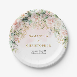 Chic watercolor blush flowers eucalyptus wedding paper plate