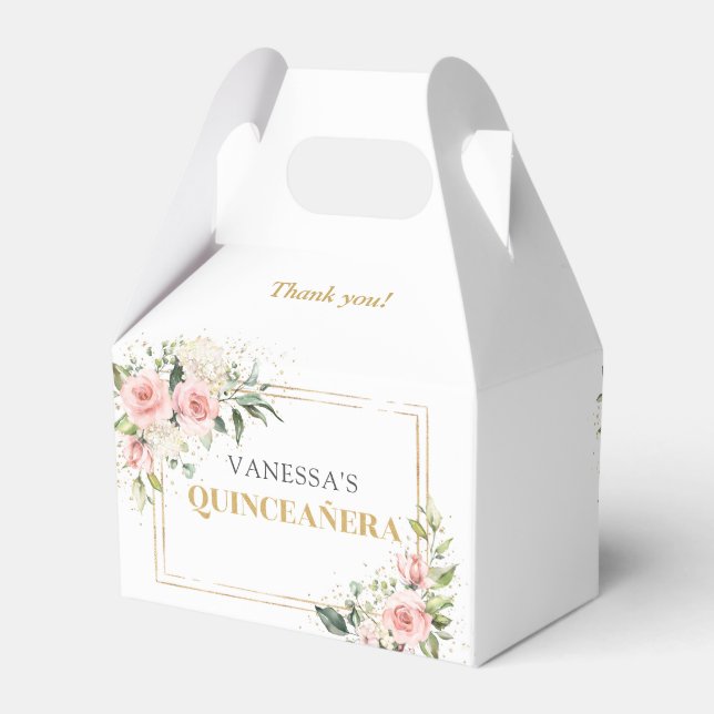 Chic watercolor blush flowers gold 15th birthday favour box (Back Side)