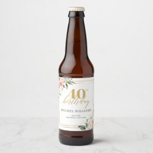 Chic watercolor blush flowers gold 40th birthday beer bottle label