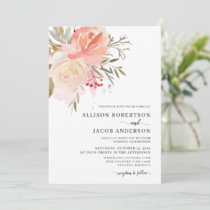 Chic Watercolor Blush Pink Flower Wedding Invitation