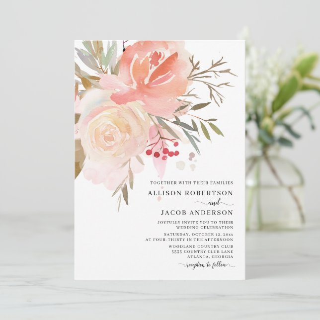 Chic Watercolor Blush Pink Flower Wedding Invitation (Standing Front)