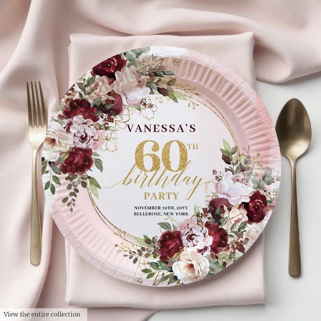 Chic Watercolor Boho Burgundy Blush 60th Birthday Paper Plate (Chic Watercolor Boho Burgundy Blush 60th Birthday Paper Plates)
