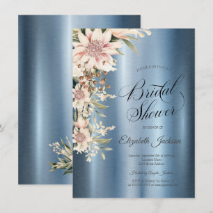 Chic Watercolor Boho Flowers Blue Bridal Shower Invitation