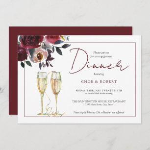 Chic Watercolor Burgundy Floral Engagement Dinner Invitation
